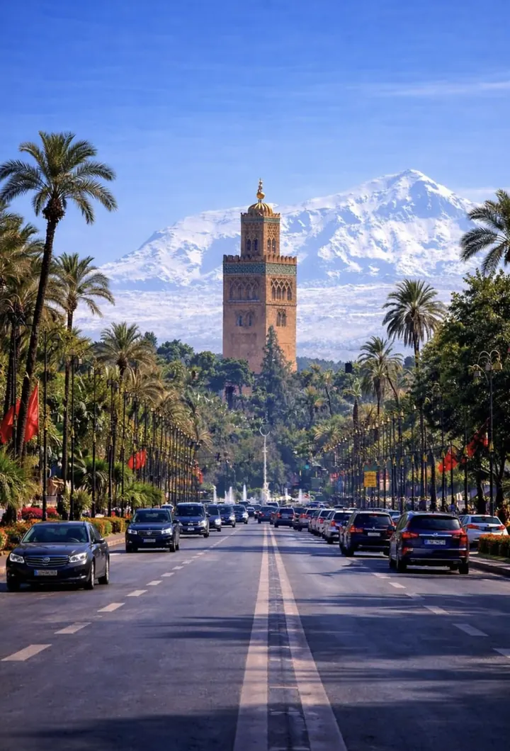 Mosquée Koutoubia et montagnes de l'Atlas enneigées, avenue de Marrakech